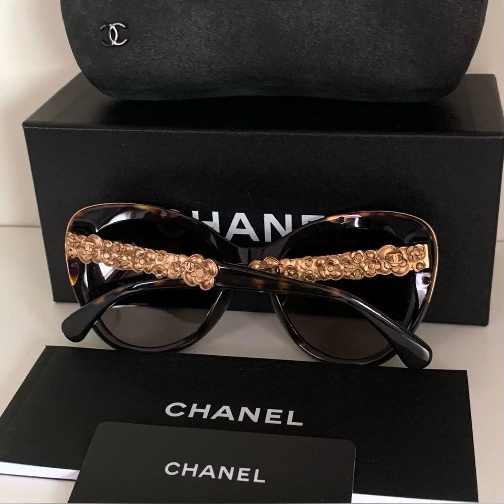 Chanel polarized special enameled gold floral sunglasses Chanel special sunglasses. Cat eye shape. Scalloped... | Depop main image 4